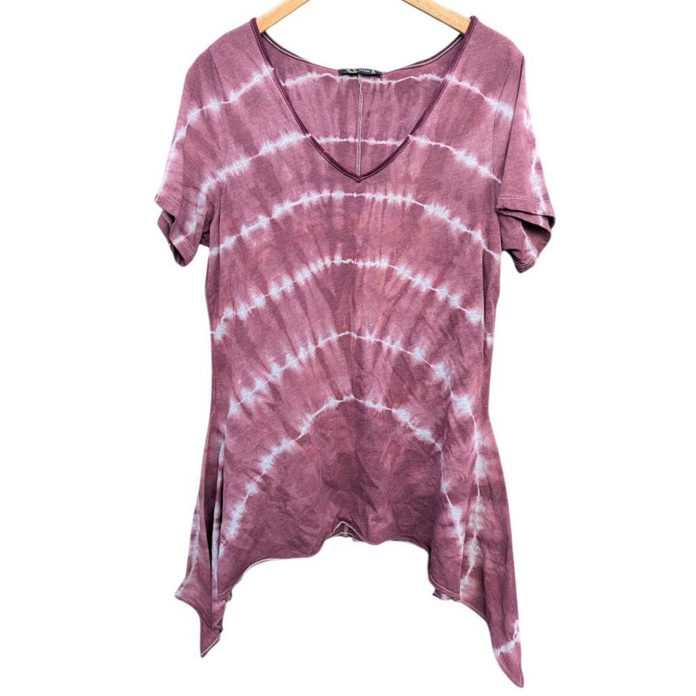 Tie Dye Urban X V Neck Tunic 100% Cotton Hippy Boho Flowy XL Pink Mauve Grunge
